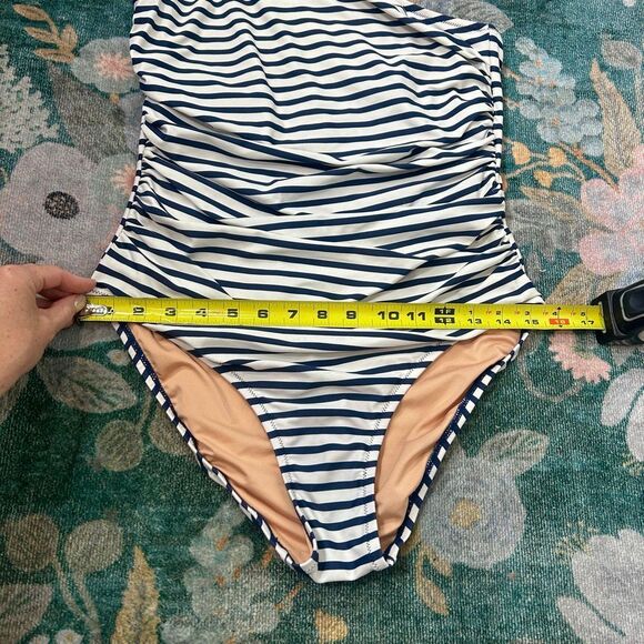J. Crew One Piece Swimsuit Womens Sz 8 Blue White Striped One Shoulder Ruched - Picture 14 of 16